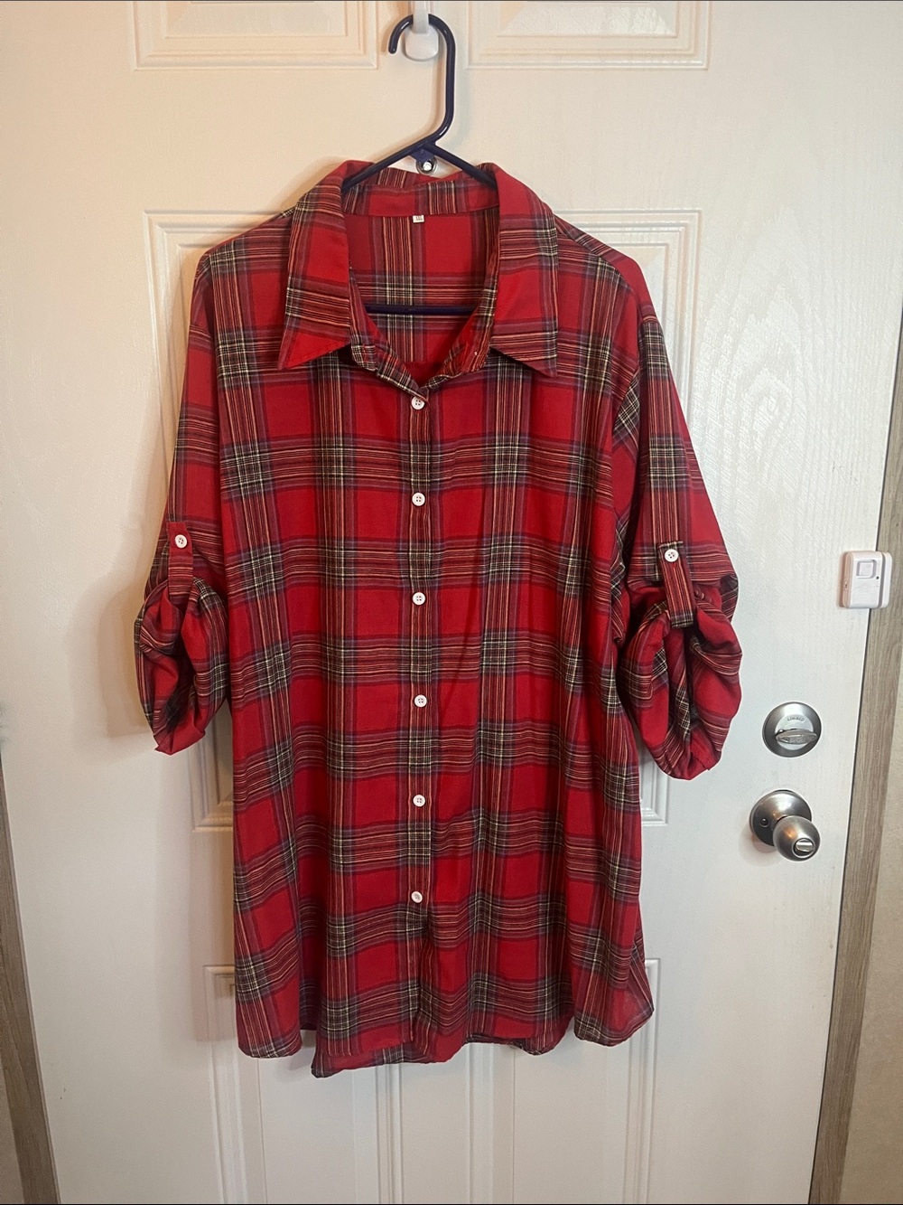 Red Plaid Button-Up Tunic Shirt